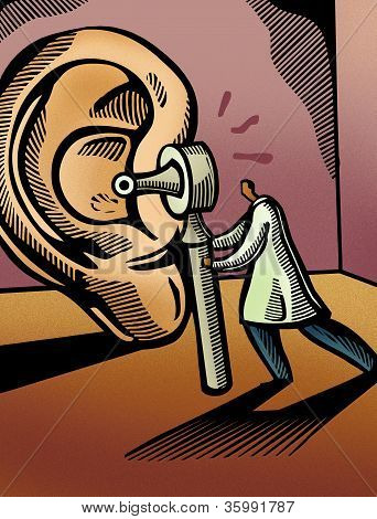 หมอมองโดยใช้ Otoscope การที่หูยักษ์
