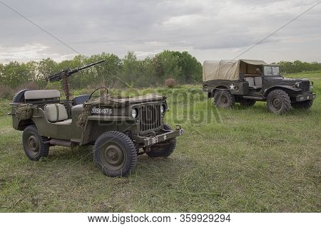 Kiev, Ukraine - May 09, 2018: American Army Jeeps At A Historical Reconstruction To Celebrate The An