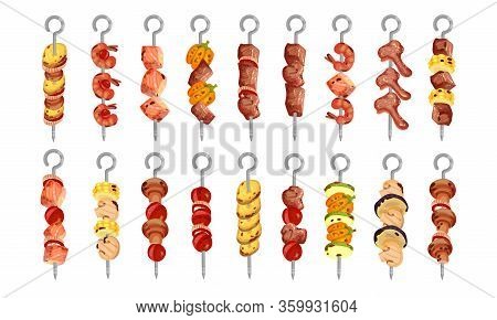 Meat And Vegetables Skewered On Metal Spits Vector Set