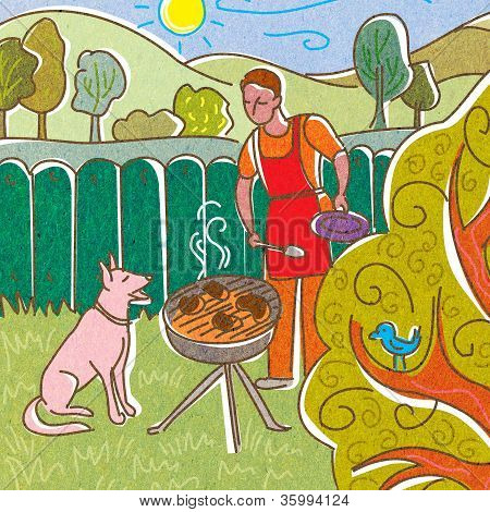 ชาย Barbecuing ในสนามหลังบ้านของเขากับสุนัขของเขา