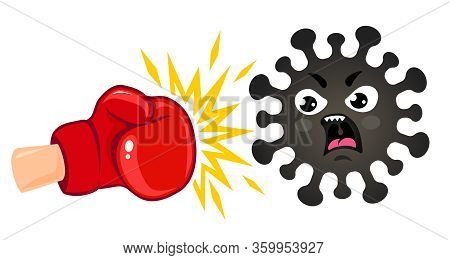 Vector Illustration Of A Coronavius Against Boxing Glove. Vector Illustration Of Angry Coronavirus V