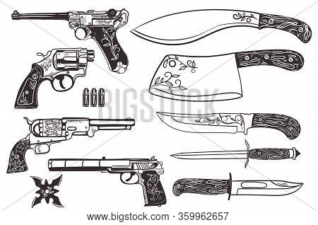 Set Of Knives And Pistols Isolated On A White Background. Vector Image.