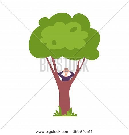 Young Man Hiding Behind Green Tree And Looking Through Binoculars Vector Illustration