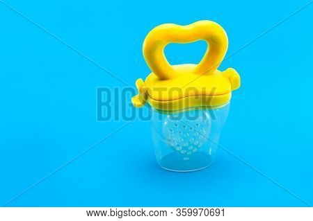 Fruit Feeder For Feeding Weaned Babies On A Blue Background With A Copy Space, Nobody.