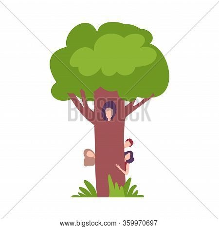 People Hiding Behind Green Tree, Man Peeking Out Of Hollow Vector Illustration