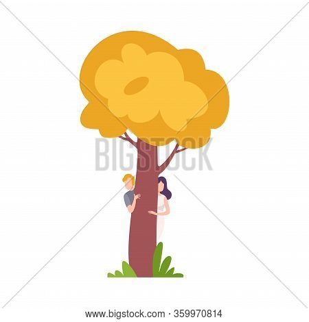 Young Man And Woman Hiding And Peeking Behind Yellow Tree Vector Illustration