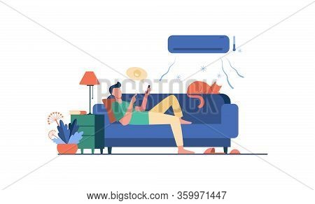 Young Man Relaxing At Couch Under Air Conditioner Flat Vector Illustration. Cartoon Guy In Cold Room