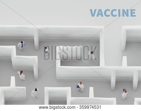 Coronavirus Covid 19 Infected, Vaccine Research. Labyrint Or Maze, Hard To Find Vaccine Concept. 3d 