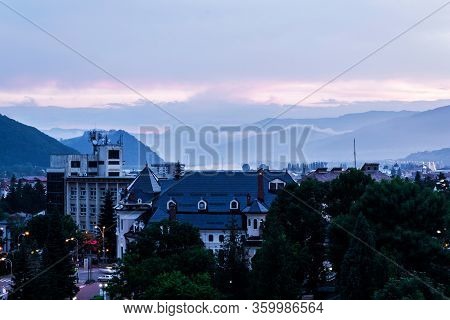 Piatra Neamt, Romania - June 22, 2019: Aerial View Of The City Center Piatra Neamt And In The Backgr
