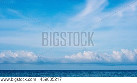 Panorama Real Photo Natural Cloudscape Wallpaper. Beautiful White Fluffy Cumulus Clouds Summer Blue 