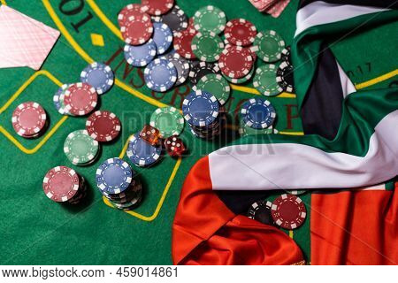 Poker Chips, Emirates Flag On Blackjack Table