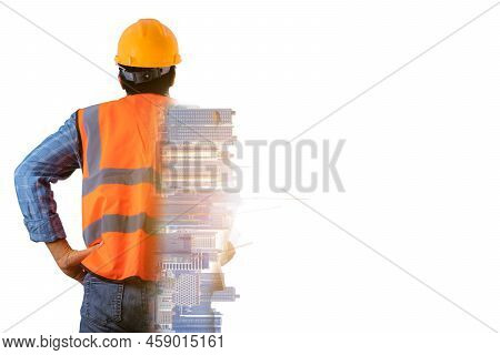 Double Exposure Future Building Engineering Concept With Exposure To Graphic Design. Building Archit