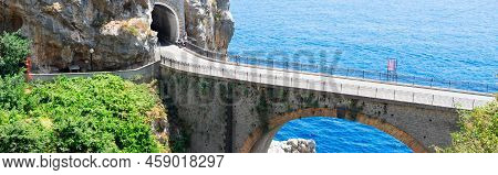Famous Picturesque Winding Road And Viaduct Of Amalfi Summer Coast, Italy, Web Banner Format