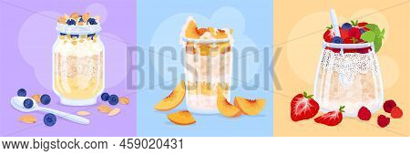 Overnight Oats Muesli Pudding Flat Set Of Three Square Compositions With Colorful Backgrounds And Se