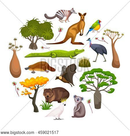 Flora And Fauna Of Australia Flat Round Composition With Wild Animals Birds And Exotic Plants Vector