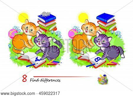 Find 8 Differences. Illustration Of Cute Kittens Learning. Logic Puzzle Game For Children And Adults
