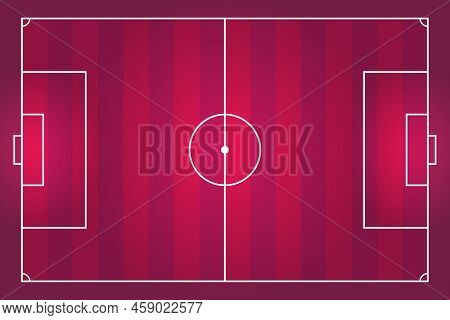 Maroon Striped Soccer Field With Markings. Proportion Is 105 By 68 Meters. View From Above. Template