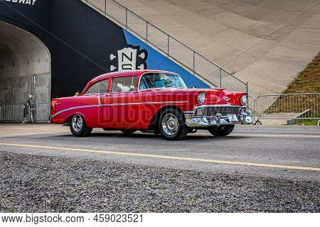 Lebanon, Tn - May 14, 2022: Wide Angle Front Corner View Of A 1956 Chevrolet 210 2 Door Sedan Leavin
