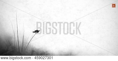 Bird Sitting On Reed Grass Stem In Fog. Traditional Oriental Ink Painting Sumi-e, U-sin, Go-hua In M