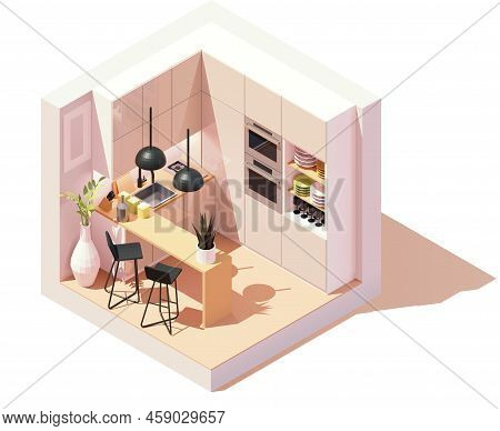 Vector Isometric Modern Kitchen Room. Small Kitchen. Bar Counter With Chairs, Modern Furniture, Stov