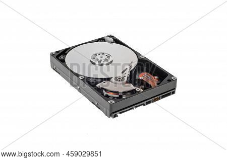 Opened Hard Drive Isolated On The White ,