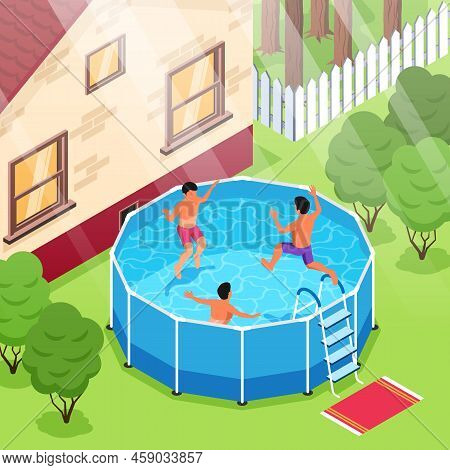 Isometric Swimming Pool Composition With Outdoor View Of Suburban House Backyard With Kids Floating 
