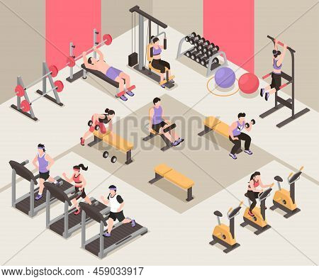 Isometric Fitness Club Concept With Gym Space And People Traning Vector Illustration