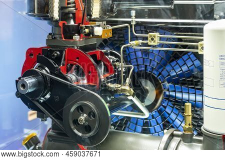 Close Up Cross Section Detail Internal Screw Air Compressor Pump And Air Intake Control Unit Assembl