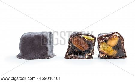 Turkish  Delight With Phistachio And Almond Covered With Chocolate Isolated On White
