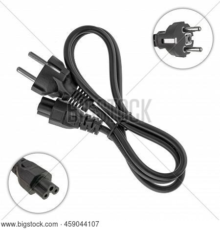 Power Cord With Plug And Plug, Three Pins, For A Laptop Adapter, On A White Background