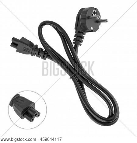Power Cord With Plug And Plug, Three Pins, For A Laptop Adapter, On A White Background