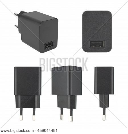 Power Adapter For Phone Tablet, Black Color, White Background, Collage