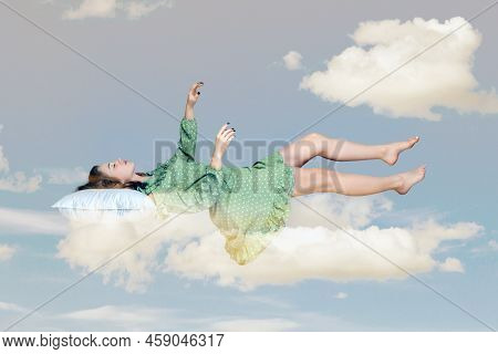 Sleeping Beauty Floating In Air. Relaxed Girl In Vintage Ruffle Dress Keeping Eye Closed, Lying On P