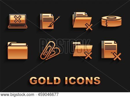 Set Paper Clip, Scotch, Delete File Document, Folder, Document, Laptop And Cross Mark On Screen And 