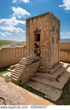Sandstone Rock With Carved Tombs Of Persian Kings In Necropolis, Iran. King Burial Site Of Ancient P