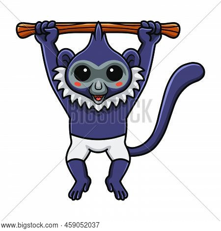 Vector Illustration Of Cute Delacour's Langur Cartoon Hanging On Tree