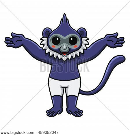Vector Illustration Of Cute Delacour's Langur Cartoon Raising Hands