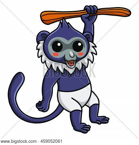 Vector Illustration Of Cute Delacour's Langur Cartoon Hanging On Tree