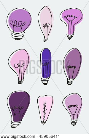 Light Bulbs Doodle. Colorful Light Blubs Icon Set. Creative Light Bulbs Doodle Collection. Vector Il