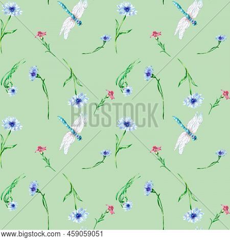 Meadow Blue. Pink Flowers With Dragonfly Watercolor Seamless Pattern On Green.