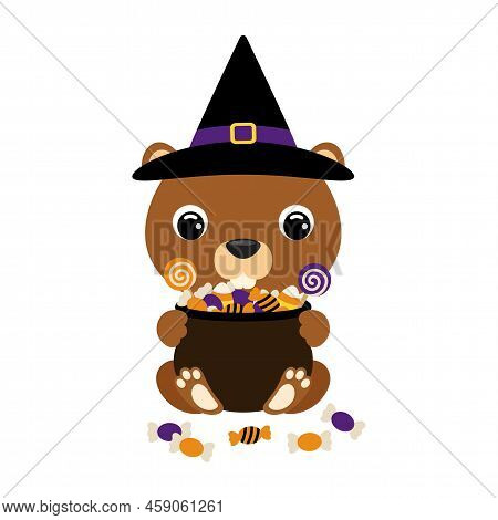 Cute Halloween Beaver In Witch Hat Holding A Pot With Candies. Cartoon Animal Character For Kids T-s
