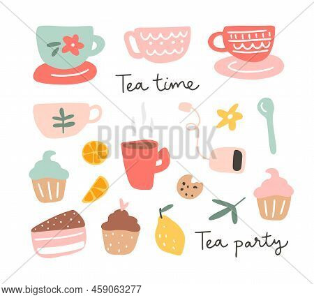 A Set With Tea Cups, Cupcakes Isolated On A White Background. Hand Drawn Flat Vector Illustration. T