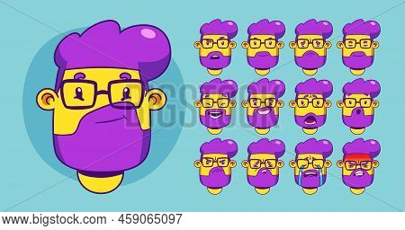 Bearded Young Man In Eyeglasses Contemporary Cartoon Set. Vector Illustration Of Male Thinking, Flir
