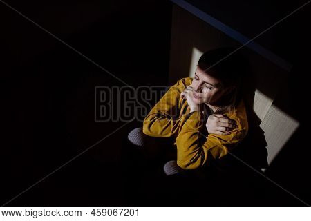 Sad Woman Holding Hand Blessings And Pray, Feeling Down, Begging For Help. Spirituality, Religion Co