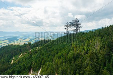 Sky Walk Observation Tower In The Forest Between Mountain Hills Near Sky Bridge 721 In A Sunny Summe
