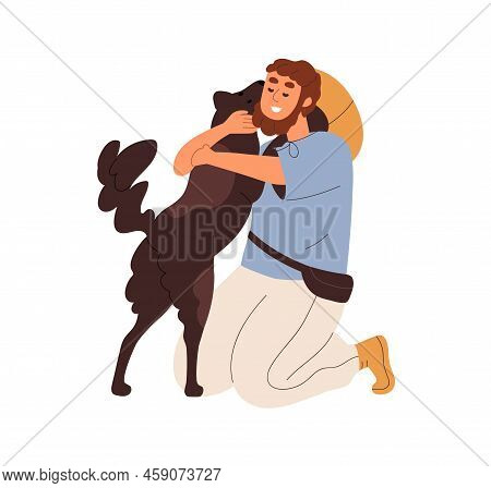 Happy Person And Cute Dog Hugging. Warm Hugs Of Pet Owner And Devoted Doggy After Separation. Man Gl