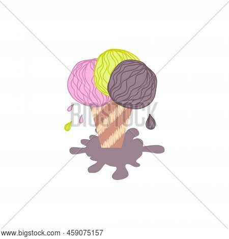 Doodle Melting Assorted Ice Cream Cup With Drops And Puddle. Perfect Print For Tee, Stickers, Poster
