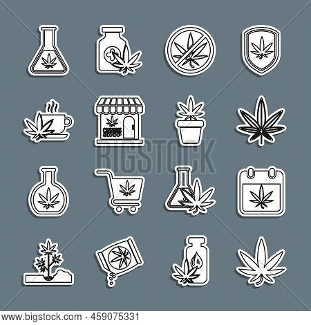 Set Line Marijuana Or Cannabis Leaf, Calendar And Marijuana, Stop, Store, Cup Tea With, Test Tube An