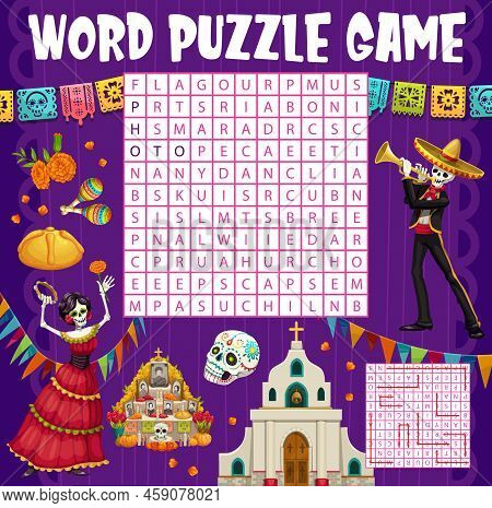 Dia De Los Muertos Mexican Holiday Word Search Puzzle Game Worksheet. Vector Quiz, Riddle Or Word Ma