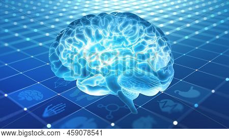 Brain. Virtual Medicine, Remote Diagnostics. Brain Research. Neurology And High Technology 3d Illust